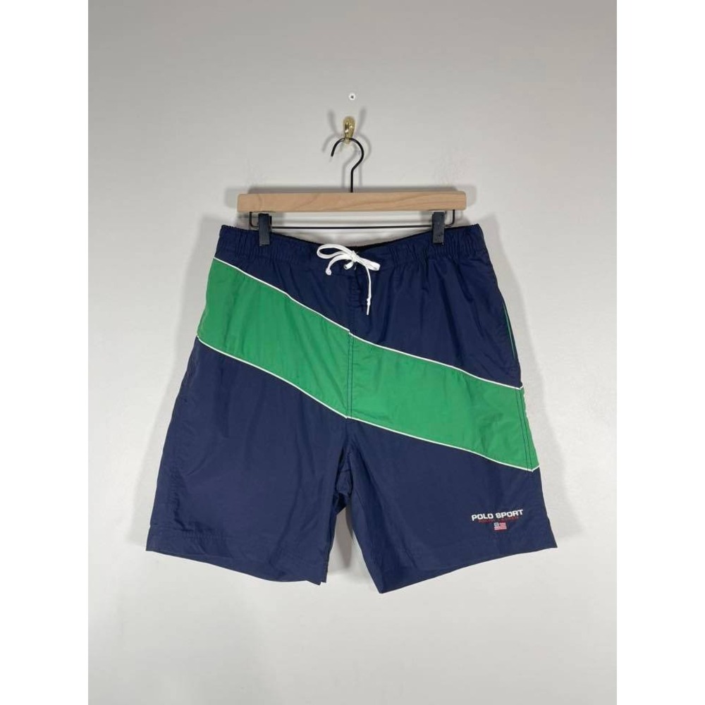 VTG Ralph Lauren Polo Sport Swim Trunks Mens Large Blue Green Stripe 90s Preppy